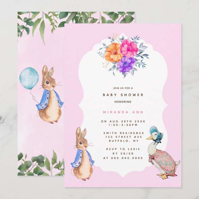 Petit Peter Rabbit Baby in Girl Shower Invitation (Devant / Derrière)