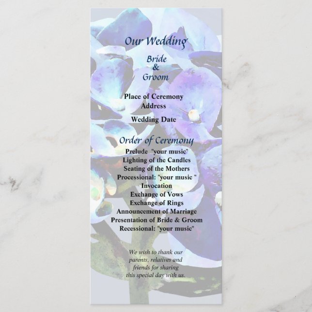 Petit programme de mariage Blue Hydrangea (Devant)