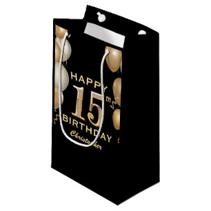 Petit Sac Cadeau 15e anniversaire de la fête Ballons Noir et Or