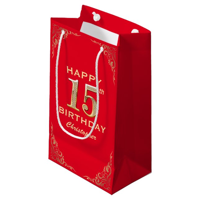 Petit Sac Cadeau 15e anniversaire Parties scintillant rouge et or c (Devant Angle)
