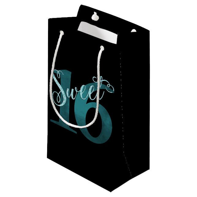 Petit Sac Cadeau 16 ans | Turquoise Green Grunge et Parties scintil (Devant Angle)