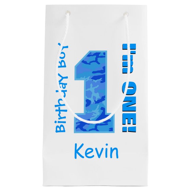 Petit Sac Cadeau 1er Anniversaire Garçon Camo Bleu Un An Vieux B3BZ (Devant)