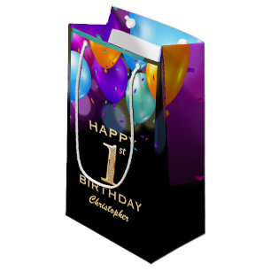 Petit Sac Cadeau 1ère fête d'anniversaire Ballons noirs et or