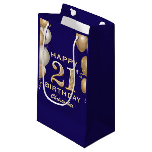 Petit Sac Cadeau 21e Anniversaire Marine Bleu et Ballons d'or