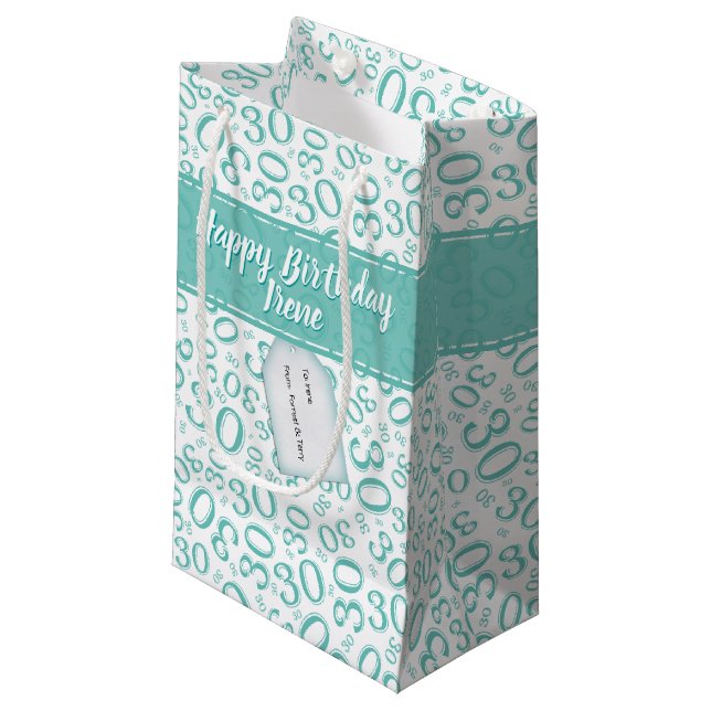 Petit Sac Cadeau 30ème motif heureux Teal de nombre d'anniversaire (Devant Angle)
