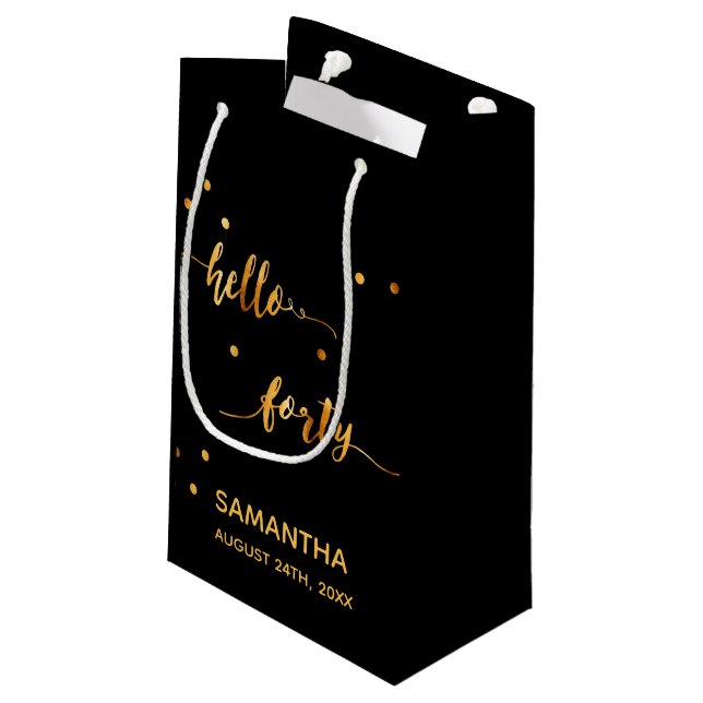 Petit Sac Cadeau 40e anniversaire noir or bonjour 40 nom script (Dos Angle)