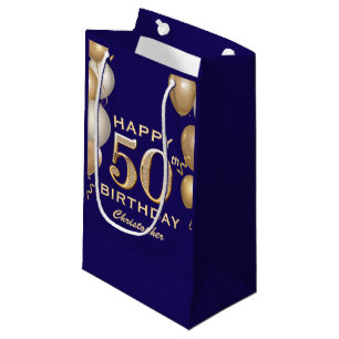 Petit Sac Cadeau 50e Anniversaire Marine Bleu et Ballons d'or