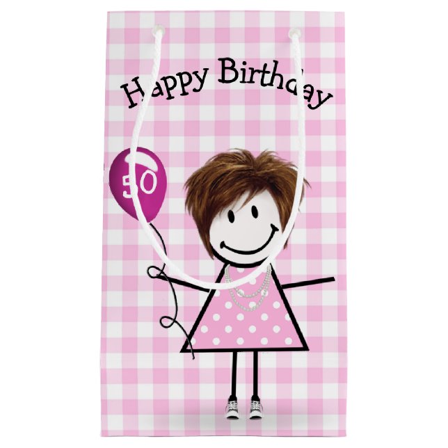 Petit Sac Cadeau 50e Anniversaire Stick Girl avec ballon rose (Devant)