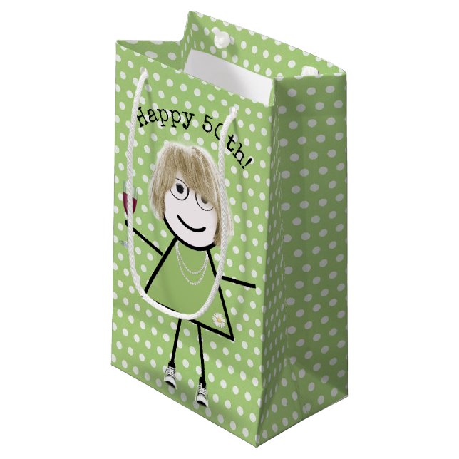 Petit Sac Cadeau 50e Anniversaire Stick Girl avec Verre à Vin (Devant Angle)