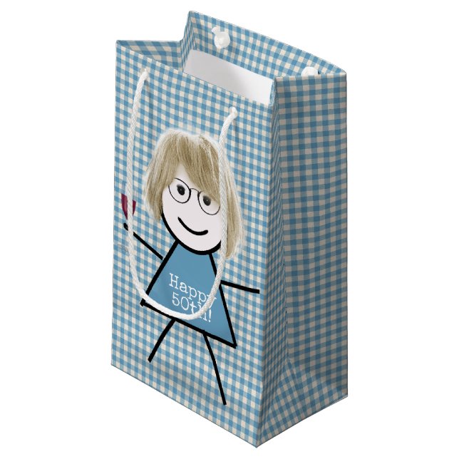 Petit Sac Cadeau 50e Anniversaire Stick Girl On En vichy avec du vi (Devant Angle)