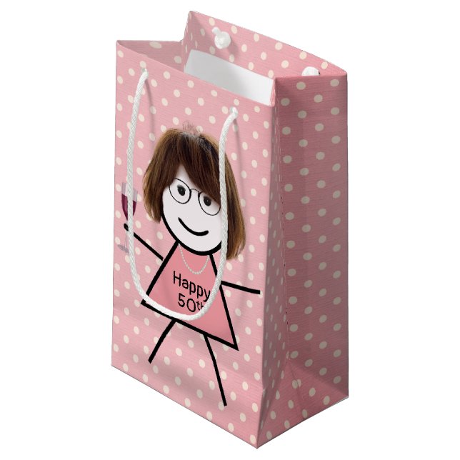 Petit Sac Cadeau 50e Anniversaire Stick Girl sur Pois (Devant Angle)
