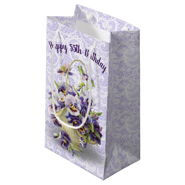 Petit Sac Cadeau 55e Anniversaire Pansy Pasket Sur Dentelle (Devant Angle)