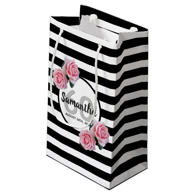 Petit Sac Cadeau 60e anniversaire rose roses noir blanc rayures (Dos Angle)