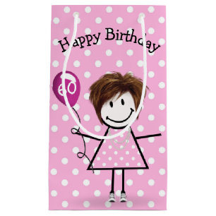 Petit Sac Cadeau 60e Anniversaire Stick Girl avec ballon rose