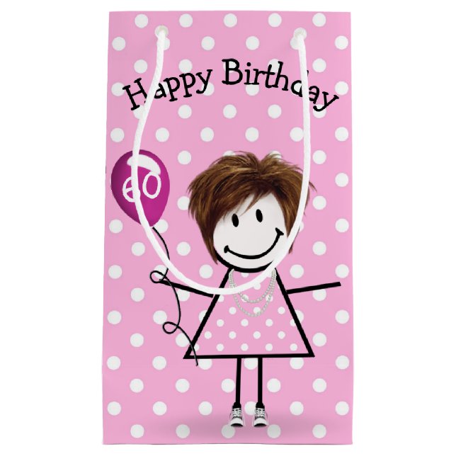 Petit Sac Cadeau 60e Anniversaire Stick Girl avec ballon rose (Devant)