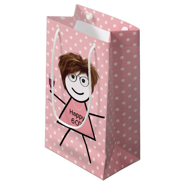 Petit Sac Cadeau 60e Anniversaire Stick Girl sur Pois (Devant Angle)