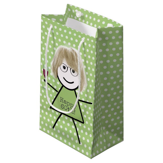 Petit Sac Cadeau 60e Anniversaire Stick Girl sur Pois (Devant Angle)