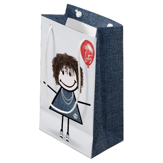 Petit Sac Cadeau 65e Anniversaire Stick Figure Girl avec ballon (Devant Angle)