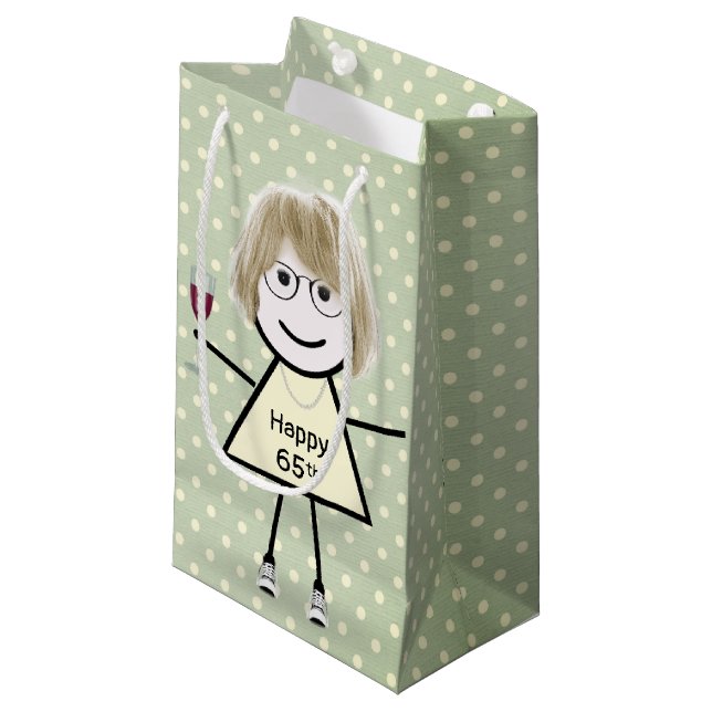 Petit Sac Cadeau 65e Anniversaire Stick Girl sur Pois (Devant Angle)