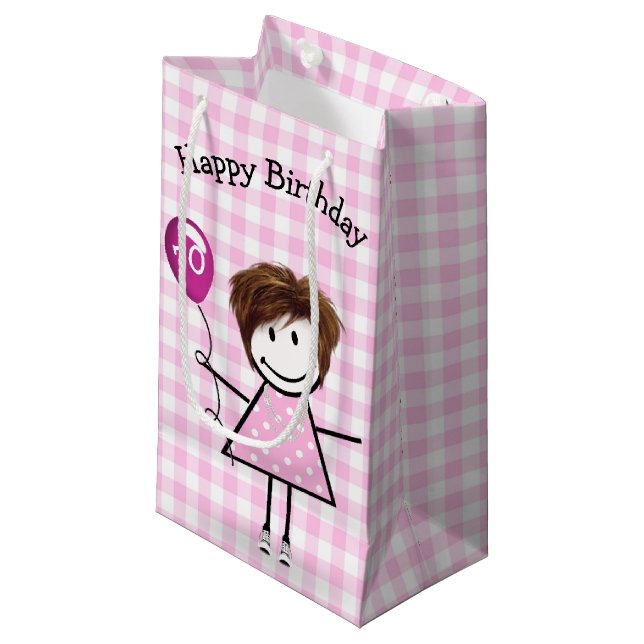 Petit Sac Cadeau 70e Anniversaire Stick Girl avec ballon rose (Devant Angle)