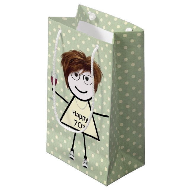 Petit Sac Cadeau 70e Anniversaire Stick Girl sur Pois (Devant Angle)