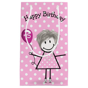 Petit Sac Cadeau 75e Anniversaire Stick Girl avec ballon rose