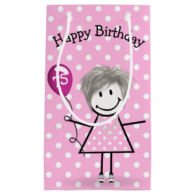 Petit Sac Cadeau 75e Anniversaire Stick Girl avec ballon rose (Devant)