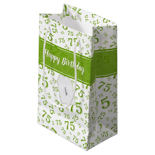 Petit Sac Cadeau 75e Joyeux anniversaire Motif vert/blanc (Devant Angle)