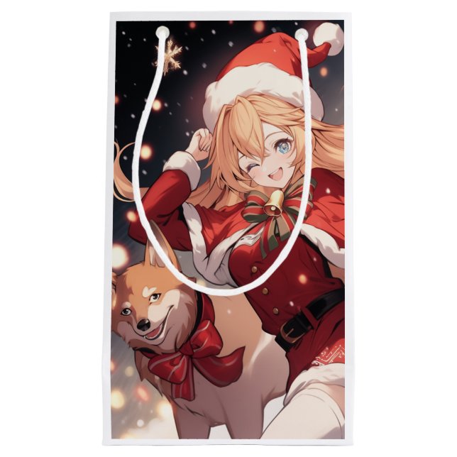 Petit Sac Cadeau Adorable Père Noël Anime Girl and Christmas Shiba  (Devant)