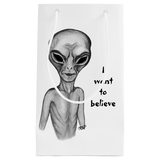 Petit Sac Cadeau Alien gris, je veux croire (Devant)