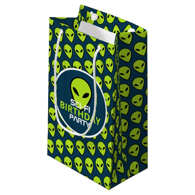 Petit Sac Cadeau Alien Sci-fi Vert, Anniversaire (Devant Angle)