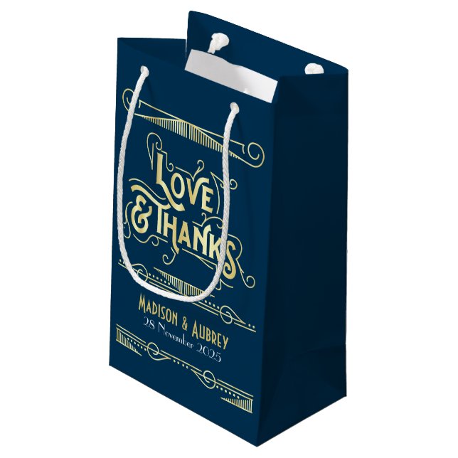 Petit Sac Cadeau Amour & Merci Art Déco Mariage Gold Blue Favor (Dos Angle)