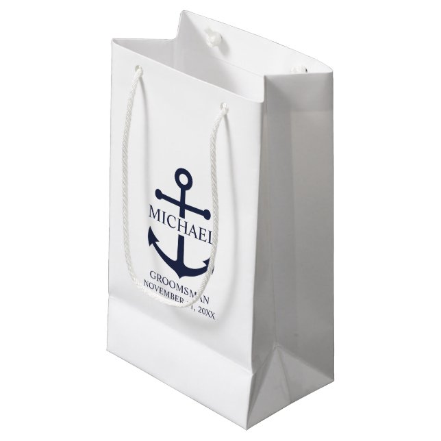 Petit Sac Cadeau Ancre Bleue marine Nautique Groomsmen personnalisé (Devant Angle)