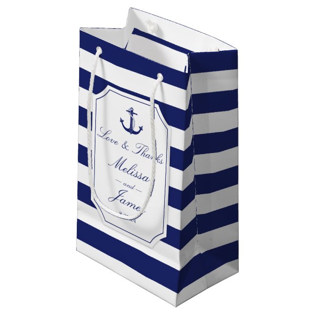 Petit Sac Cadeau Ancre nautique  Bleu Mariage Merci (Devant Angle)