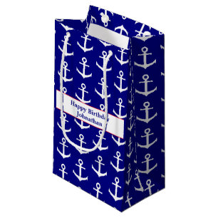 Petit Sac Cadeau Ancres bleu et blanc marine Joyeux anniversaire