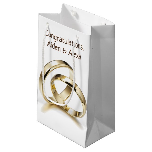 Petit Sac Cadeau Anneaux Mariages Or Sur Blanc (Devant Angle)
