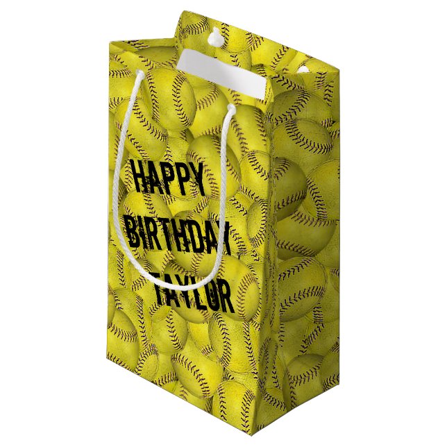 Petit Sac Cadeau anniversaire de la collection de softball jaune (Devant Angle)