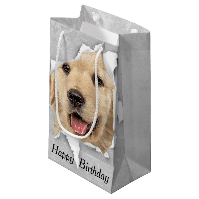 Petit Sac Cadeau Anniversaire Golden Retriever dans trou de papier (Devant Angle)