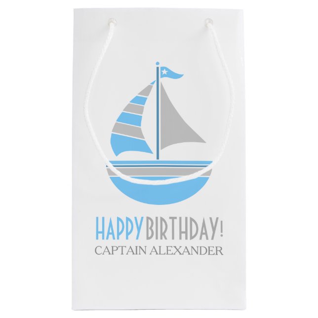 Petit Sac Cadeau Anniversaire nautique de voilier bleu et gris (Dos)