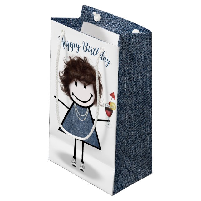 Petit Sac Cadeau Anniversaire Stick Girl avec Cocktail (Devant Angle)