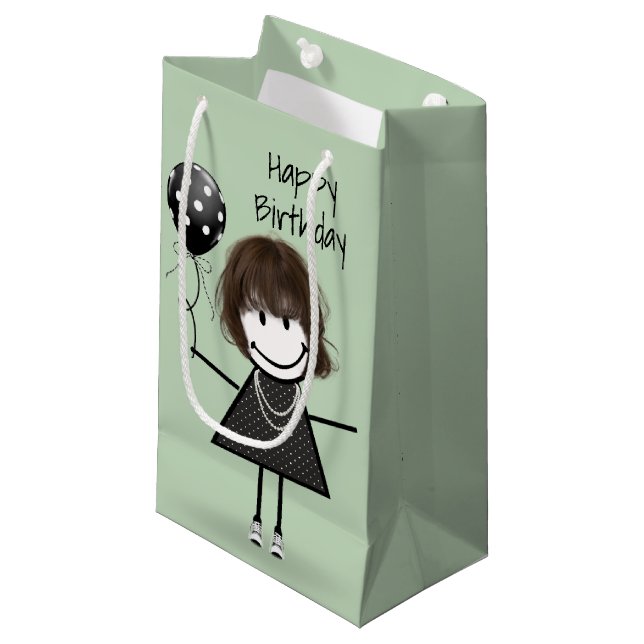 Petit Sac Cadeau Anniversaire Stick Girl avec Polka Dot Balloon (Devant Angle)