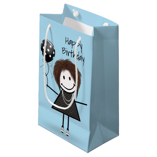 Petit Sac Cadeau Anniversaire Stick Girl avec Polka Dot Balloon (Devant Angle)