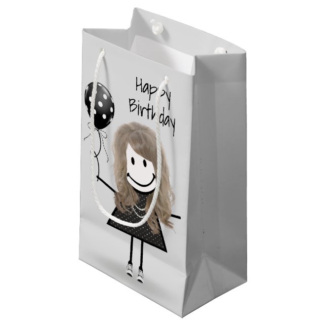 Petit Sac Cadeau Anniversaire Stick Girl avec Polka Dot Balloon (Devant Angle)
