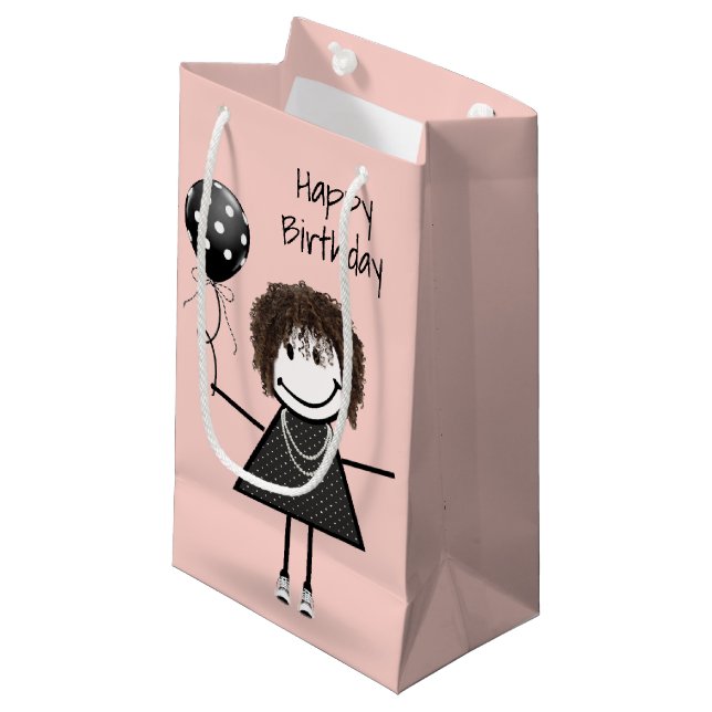 Petit Sac Cadeau Anniversaire Stick Girl avec Polka Dot Balloon (Devant Angle)
