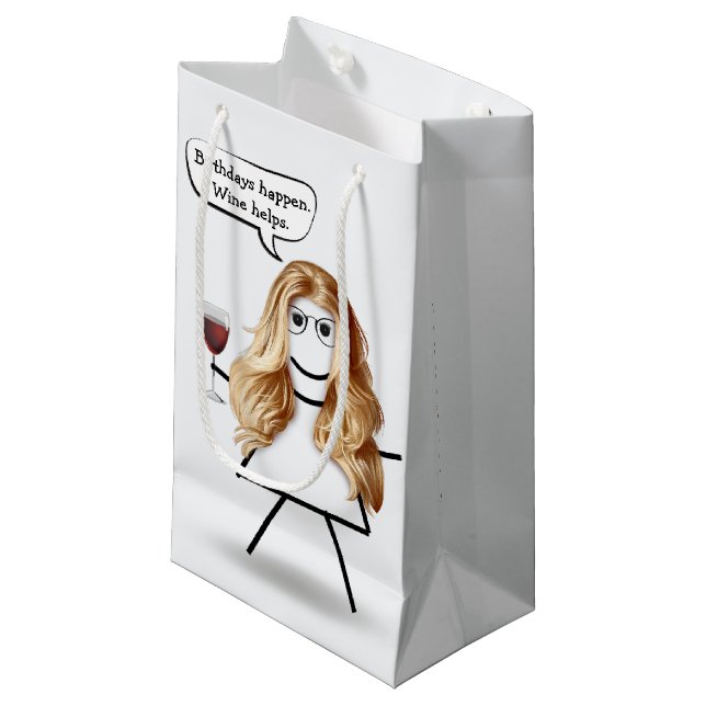 Petit Sac Cadeau Anniversaire Stick Girl avec vin (Devant Angle)