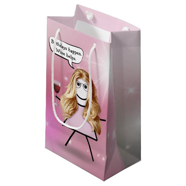 Petit Sac Cadeau Anniversaire Stick Girl avec vin (Devant Angle)
