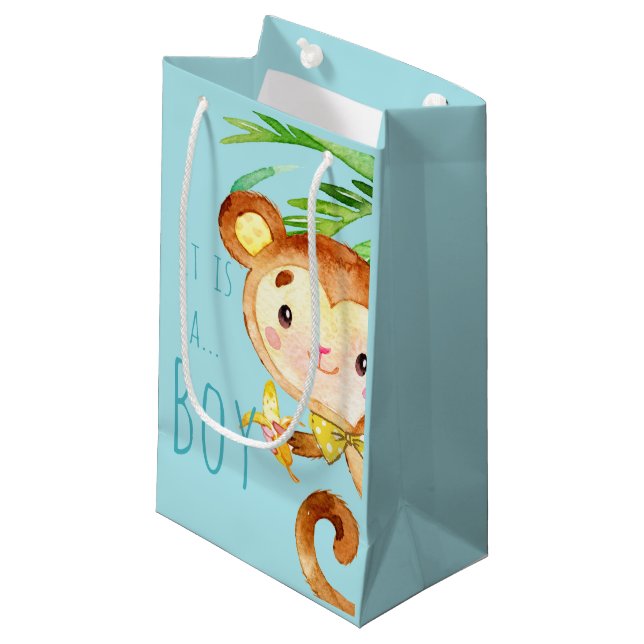 Petit Sac Cadeau Annonce de bébé garçon Blue Cute Monkey (Devant Angle)