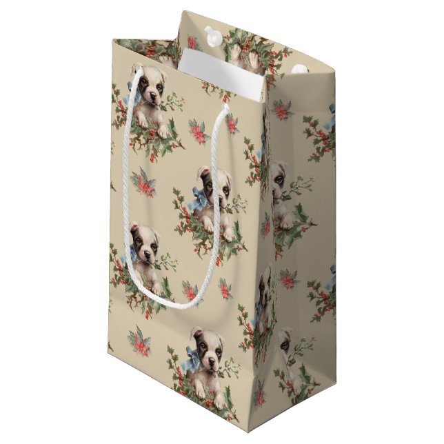 Petit Sac Cadeau Antique Illustration Sweet Dog Motif de Noël (Devant Angle)