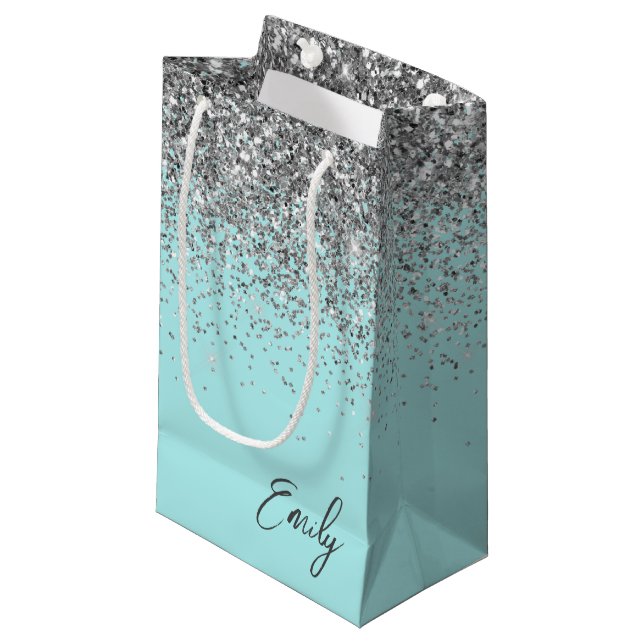 Petit Sac Cadeau Aqua Bleu Pailleté Argent Monogramme Féminin (Devant Angle)