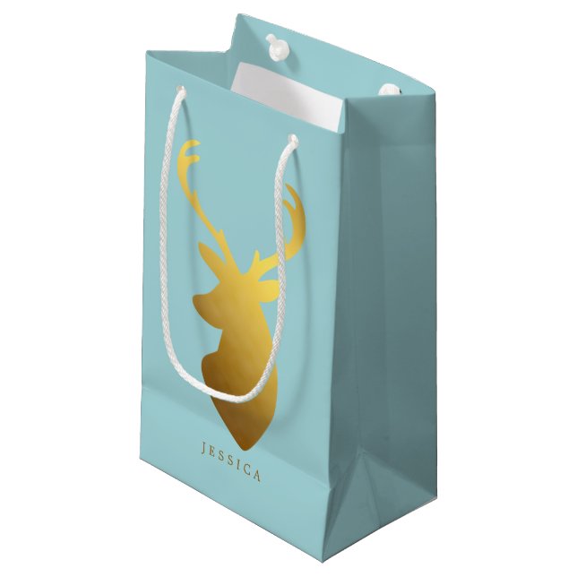 Petit Sac Cadeau Aqua et Faux Gold Foil Deer Head (Devant Angle)